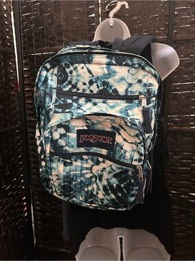 Jansport Teal Blue and White Tie-Dye Big student cargo multi pocket backpack